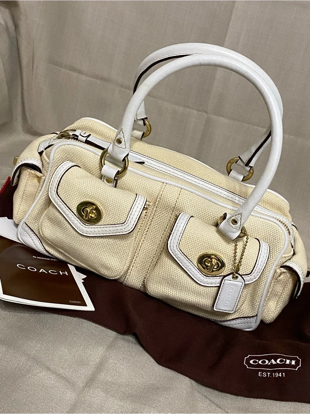 Coach Legacy Gallery Satchel Double Pocket Woven Canvas Leather Cream/White/Pink